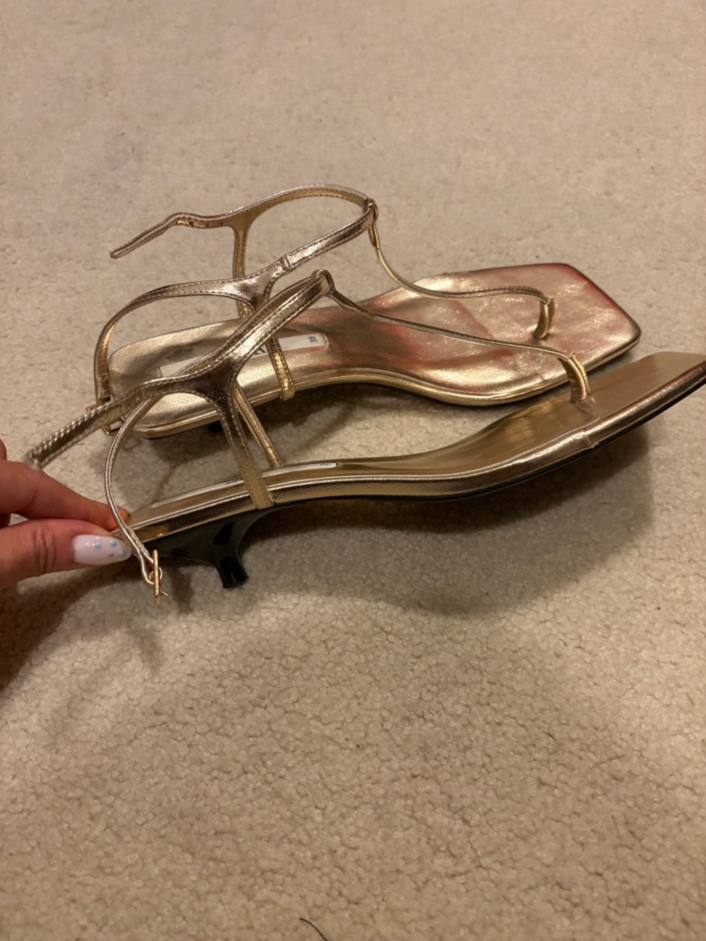 Metallic T-Strap Sandal in Shimmery Rose Gold